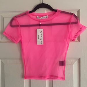 Emma & Sam Crew Neck Crop Top Mesh Pink Small